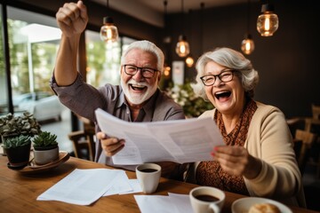 Excited elderly couple gives five points, adult family celebrates success, pays check or pays house...