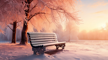 bench in the park in winter - obrazy, fototapety, plakaty