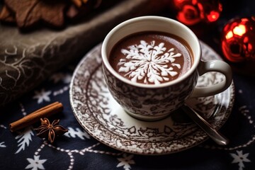 Christmas latte art on cup of hot chocolate, hot cocoa stencil art. Snowflake symbol. Seasonal drink