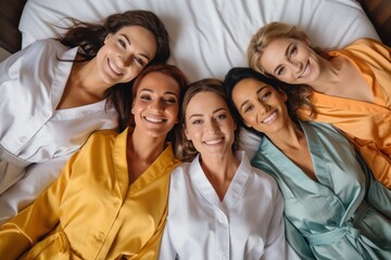 Top view of five women in white bathrobes lying on the bed, smiling looking at the camera, feeling happy.
