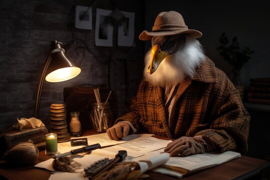 duck dressed working at night sitting with lamp having a lot of tasks