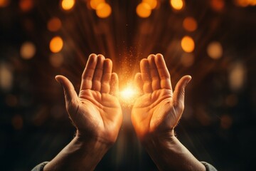 Hands in prayer ask for a miracle. Religious concept with selective focus and copy space