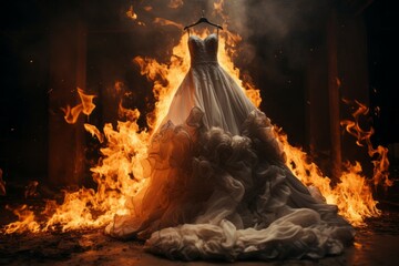 Burning wedding dress in the flames of the fire. Background with selective focus and copy space - obrazy, fototapety, plakaty
