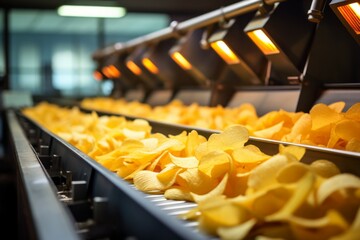 Chips factory. Production conveyor line. Background with selective focus and copy space