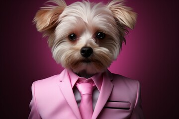 Cute funny anthropomorphic dog in clothes. Pink mood concept. Portrait with selective focus and...