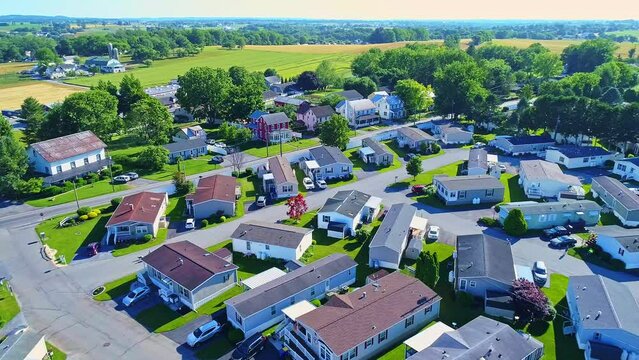 Aerial View of a Mobile, Manufactured, Prefab Home Park of Single Wide and Double Wide Houses