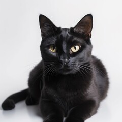 black cat laying down on isolated white background