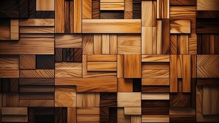 Abstract brown wooden glazed glossy decorative glamour mosaic tile wall texture with geometric...