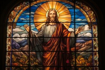 Jesus Christ in stained glass style. Religious concept with selective focus and copy space - obrazy, fototapety, plakaty