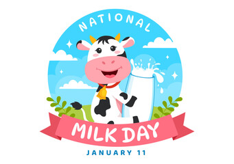 National Milk Day Vector Illustration on 11 January with Milks Drinks and Cow for Poster or Landing Page in Holiday Celebration Cartoon Background