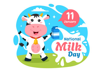 Obraz na płótnie Canvas National Milk Day Vector Illustration on 11 January with Milks Drinks and Cow for Poster or Landing Page in Holiday Celebration Cartoon Background