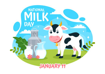 National Milk Day Vector Illustration on 11 January with Milks Drinks and Cow for Poster or Landing Page in Holiday Celebration Cartoon Background
