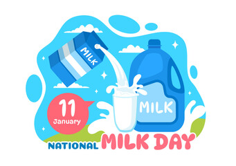 National Milk Day Vector Illustration on 11 January with Milks Drinks and Cow for Poster or Landing Page in Holiday Celebration Cartoon Background
