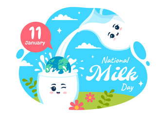 Fototapeta na wymiar National Milk Day Vector Illustration on 11 January with Milks Drinks and Cow for Poster or Landing Page in Holiday Celebration Cartoon Background