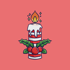 Cartoon vector illustration of Christmas candle and mistletoe. Christmas Cartoon Vector illustration. Merry christmas card. Candle and holly.