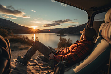 A person has a rest in his camper car with beautiful view on nature - obrazy, fototapety, plakaty