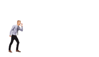 Profile, information and shouting with a business man isolated on a transparent background for an alert. Announcement, screaming or yelling with a young male employee on PNG for communication or news