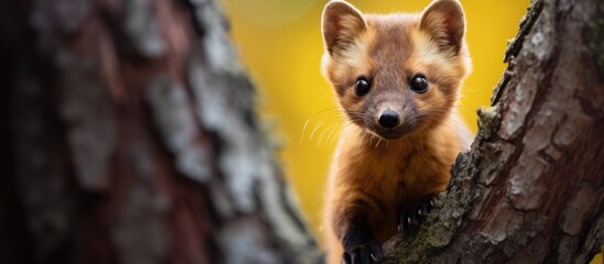 Naklejka premium An American marten Martes americana on a tree with a blurred background is captured in closeup
