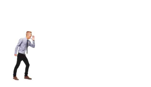 Profile, information and shouting with a business man isolated on a transparent background for an alert. Announcement, screaming or yelling with a young male employee on PNG for communication or news