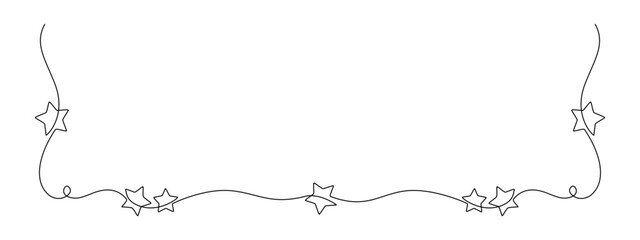 One continuous line drawing of Christmas frame and border with stars. Festive break line with flourish pattern in simple linear style. Doodle vector illustration