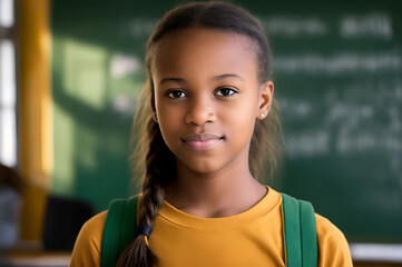 Black student in the classroom. African american girl posing alone in the classroom