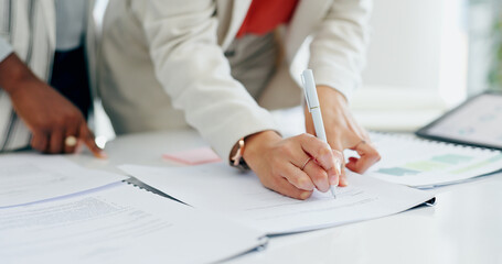 Hands, documents and women writing for signature, agreement or contract for b2b deal in office....
