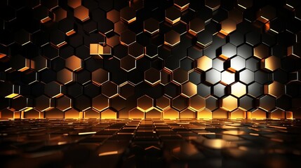 Abstract futuristic luxurious digital geometric technology hexagon background banner illustration 3d - Glowing gold, black hexagonal 3d shape texture wall. Decor concept. Wallpaper concept.Art concept