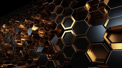 Abstract futuristic luxurious digital geometric technology hexagon background banner illustration 3d - Glowing gold, black hexagonal 3d shape texture wall. Decor concept. Wallpaper concept.Art concept