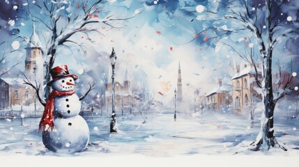 Snowy winter scene with a smiling snowman amidst a picturesque town backdrop, illuminated by soft light.