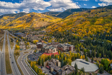 Aerial View of Vail, Colorado during Autumn - obrazy, fototapety, plakaty