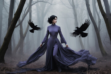 androgynous body dressed in violet fabrics, blue-black hair and crows flying in gray forest