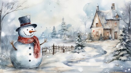 Snowman with a vibrant scarf near a rustic wooden fence overlooking a picturesque snowy hamlet. - obrazy, fototapety, plakaty