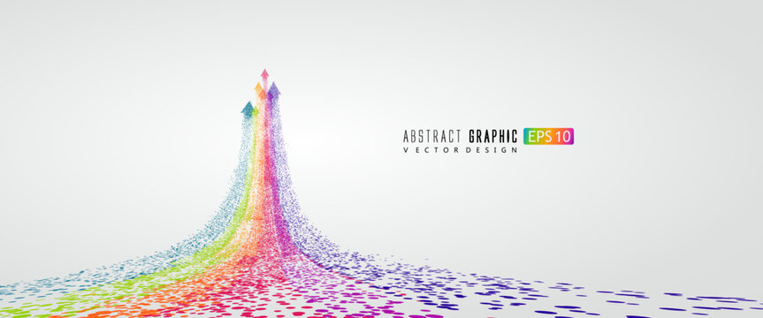 Countless colorful particles form a rainbow-shaped arrow, symbolizing rise and development, vector graphics.