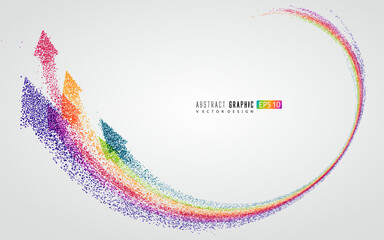 Countless colorful particles form a rainbow-shaped arrow, symbolizing rise and development, vector graphics. - 670787703