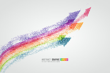 Countless colorful particles form a rainbow-shaped arrow, symbolizing rise and development, vector graphics. - 670787768