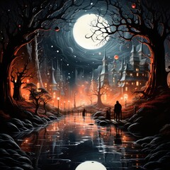 a painting featuring a night time scene with houses and trees, in the style of hauntingly beautiful illustrations