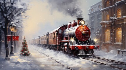 Vintage steam train approaching a decorated Christmas tree on a snowy evening in the city.
