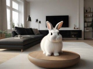 cute rabbit in the living room, big sofa, big TV and big audio speakers illustration