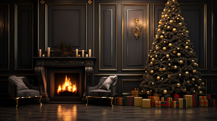 christmas fireplace with christmas trees in black walls. classic black interior with christmas tree...