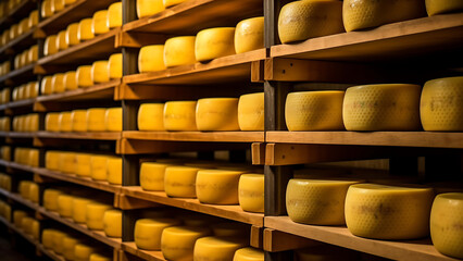Yellow dutch cheese on a wooden shelf in a cheese factory. - obrazy, fototapety, plakaty