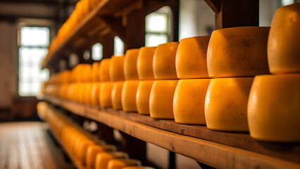 Yellow dutch cheese on a wooden shelf in a cheese factory. - obrazy, fototapety, plakaty