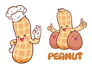 Peanut cartoon character wearing chef's hat, showing tasty ok sign and thumbs up.