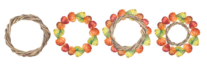 Set of autumn bouquet. Circle frame with copy space. Watercolor hand-drawn orange leaves wreath isolated on white background. Forest nature plant foliage. Clipart for halloween sticker wallpaper