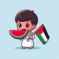 Palestinian child eating watermelon and holding a Palestine flag wearing a scarf boy vector illustration concept