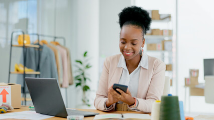 Phone, business owner or black woman on social media in office for networking, online post or...