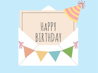 happy birthday card theme in white envelope on blue and transparent background with big happy birthday text