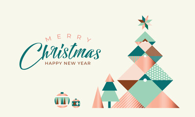 Merry Christmas and Happy New Year illustration of gold luxury christmas pine tree frame with geometric art deco style element for elegant holiday celebration.
