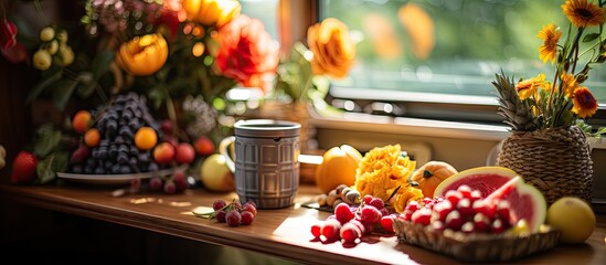 Colorful fruits and a flower adorn a table inside a caravan in Switzerland