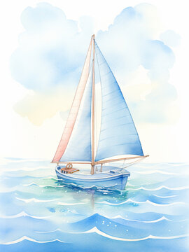 Watercolor painting of a toy sailboat floating on gentle waves, AI generated Images