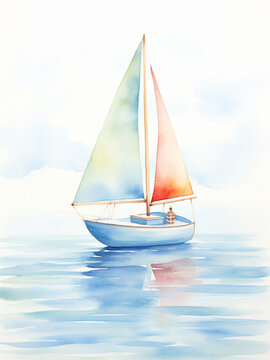 Watercolor painting of a toy sailboat floating on gentle waves, AI generated Images